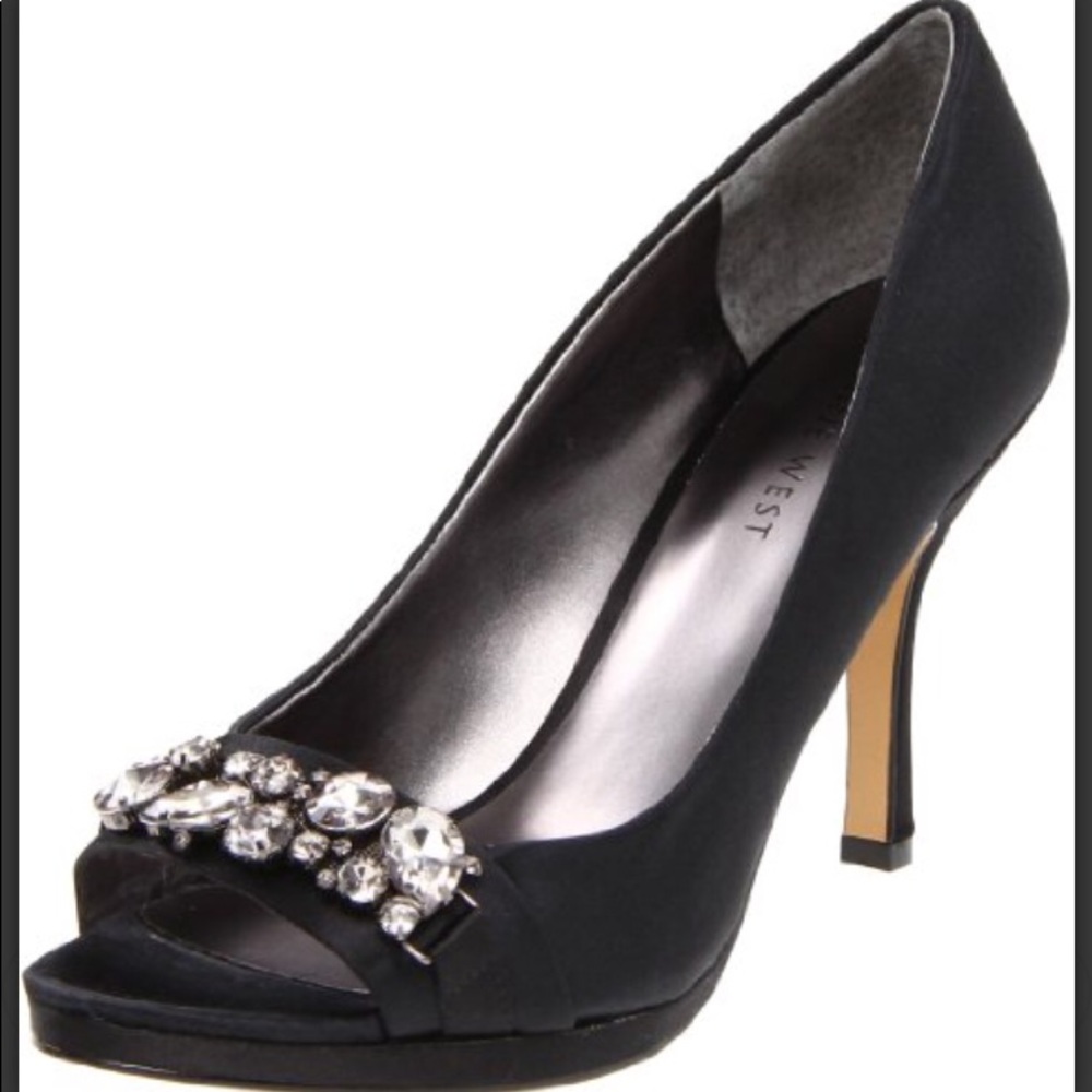 Nine West Black Satin Open Toe Pumps